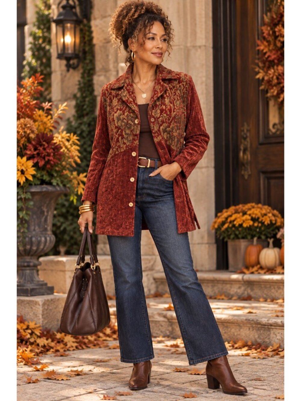 Citron Santa Monica Women S Rust Velvet Floral Tapestry Long Jacket Coat